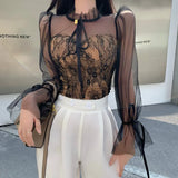 deanwangkt Spring Summer Chic Mesh Patchwork Blouse For Women Streetwear Long Sleeve O Neck Lace Crop Shirt Top Lady Slim Blouse