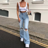 High Waist  New Retro Washed Blue Loose Ladies Denim Trousers Ripped Wide Leg Pants Women's Street Pants Straight Leg Jeans