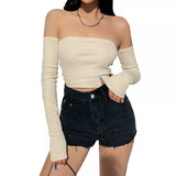 deanwangkt Female Crop Tops T-shirts, Solid Color Boat Neck Off Shoulder Sexy Tops Pullover with Long Sleeves for Summer Club Wear