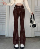 deanwangkt Retro High Waisted Flare Jeans Women Korean Autumn New Y2K High Street Brown Pants Female Buckle Cool Casual Pants S-XL