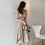 deanwangkt Vintage Elegant O-Neck Female Thicken Knit Long Dress Slim Full Sleeve Ruffles Women Sweater Dresses Vestidos Autumn Winter