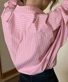 deanwangkt Pink Striped Shirts for Women Spring Summer Korean Loose Turn Down Collar Long Sleeve Tops Casual Harajuku Blouses