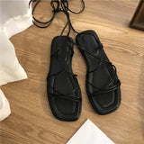 deanwangkt Summer Shoes Women Sandals Narrow Band Vintage Square Toe Flat Cross Strap Thong Sandals V Shape Design Shoes Women