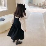 deanwangkt Girls spring fashion white blouse and black overalls dress Kids all-match Outfits 2pcs sets