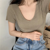 deanwangkt Summer Women Knitted T-Shirts Short Sleeve Shirts Pullover Tops Female Elastic Slim Casual Knit Tee Crop Tops Women's T-Shirts