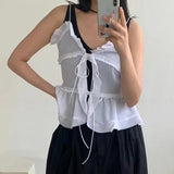 deanwangkt Sexy Black Mesh See-Through Crop Tops V-Neck Front Tie Up Ruffles Camis Summer Holiday Backless Vest Tops Y2K