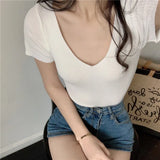 deanwangkt Summer Women Knitted T-Shirts Short Sleeve Shirts Pullover Tops Female Elastic Slim Casual Knit Tee Crop Tops Women's T-Shirts