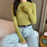 deanwangkt Autumn Basic Bottoming Sweater Top Women Ribbed Soft Mock Neck Elastic Pullover Warm Solid Color Slim Jumper