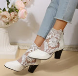 deanwangkt New Fashion Women High Heels Lace Flower Ankle Strap Hollow Out Sandals Round Toe Zip Pumps Zapatos De Mujer