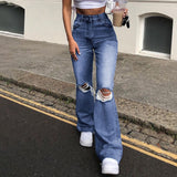 High Waist  New Retro Washed Blue Loose Ladies Denim Trousers Ripped Wide Leg Pants Women's Street Pants Straight Leg Jeans