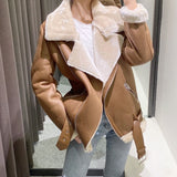 Black Friday Sales Women Winter Warm Thick Windproof Motorcycle Coat With Belt Brown Suede Jacket Faux Lamb Leather Jacket Outwear