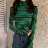 deanwangkt New Black Striped Sweater Women Knitted Pullover Autumn Long Sleeve Turtleneck Knitwear Korean Bottoming Shirt Stretch Jumpers