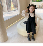 deanwangkt Girls spring fashion white blouse and black overalls dress Kids all-match Outfits 2pcs sets