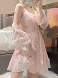 2 Piece Dress Set Women Floral Mini Dress + Casual Blouse Korean Fashion Suits Kawaii Clothing Lolita Dress Party Summer