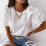 deanwangkt Fashion blouse women elegant white Solid Color Layered Ruffle Short Sleeve Asymmetric Loose T-shirt Top for Summer Women Blouses