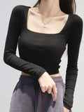 deanwangkt Women Cotton Ribbed Square Neck Crop Top With Long Sleeve