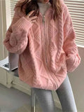 deanwangkt Korean Fashion Knit Cardigan Women Autumn Winter Casual Loose Zipper Hooded Thick Sweater Coat Long Sleeve Pink Top