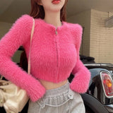 deanwangkt Coat Women's Sweater Top Knitted Cardigan Plush Off Shoulder Short Style Gentleness Mink Solid Color Zipper Design