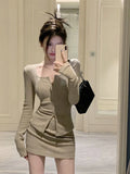 deanwangkt Sexy 2 Piece Dress Set Elegan Casual Long Sleeve Knitted Suits Y2k Crop Tops + Bodycon High Waist Mini Skirt Korean Autumn