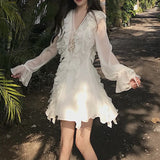 deanwangkt  Women Summer Fairy V Neck White Dress Mini Female Sweet Ruffles Casual Clothes Boho Short Chiffon Elegant Holiday Beach Dresses