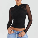 deanwangkt Spring Summer Women Sexy Daily Wear Cold Shoulder Sheer Mesh Lace Blouse Long SLeeve Black Shirt Casual