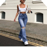 High Waist  New Retro Washed Blue Loose Ladies Denim Trousers Ripped Wide Leg Pants Women's Street Pants Straight Leg Jeans