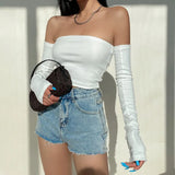 deanwangkt Female Crop Tops T-shirts, Solid Color Boat Neck Off Shoulder Sexy Tops Pullover with Long Sleeves for Summer Club Wear