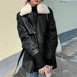 deanwangkt Leather Fur Coat Winter Jacket Women New Fall Lamb Wool Warm Locomotive Coat with Sashes Korean Fashion PU Outwear