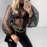 deanwangkt Women Mesh Puff Sleeve Tops Shirt New Summer Spring Ladies Sexy Casual Perspective Blouse Tops See Through Female Blusas