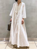 deanwangkt Women's Summer Dress Loose Embroidered White Lace V-Neck Long Beach Dress Elegant Dress Holiday Women's  White Dress