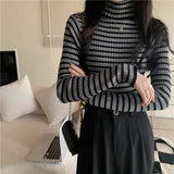 deanwangkt New Black Striped Sweater Women Knitted Pullover Autumn Long Sleeve Turtleneck Knitwear Korean Bottoming Shirt Stretch Jumpers