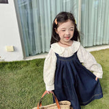 deanwangkt New Spring Girls Dress Suit Children's Clothing Sets Kids Embroidery Lapel Shirt and Denim Strap Dress 2PCS Outfit