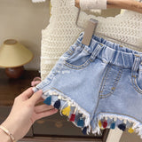 Summer Baby Girl Outfit Set New Born Baby Girl Clothes 2 Pcs Vest Pant Fashion Print Kids Denim Shorts Korea Style