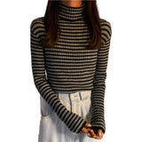 deanwangkt New Black Striped Sweater Women Knitted Pullover Autumn Long Sleeve Turtleneck Knitwear Korean Bottoming Shirt Stretch Jumpers