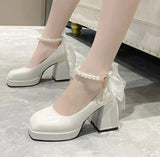 deanwangkt New Pearls Strap Square Heels Pumps Women Shoes Fashion Pu Leather Platform Mary Janes Woman High Heels Party Wedding Shoes