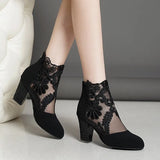 deanwangkt New Fashion Women High Heels Lace Flower Ankle Strap Hollow Out Sandals Round Toe Zip Pumps Zapatos De Mujer