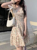 Casual Beach Straps Dress Women Slim  Summer Sweet Elegant Y2k Mini Dress Fairy Sleeveless Floral One Piece Dress Korean