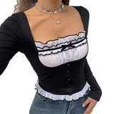 Long Sleeve T-Shirt Black Top Women Patchwork Lace Crop Top Winter Spring Women Pulovers Sexy Skinny V Neck Tees 90s Y2K Clothes