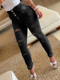 deanwangkt Ripped Holes Casual Skinny Jeans, Slash Pockets Distressed Single-Breasted Button High Waist Denim Pants, Women's Denim Jeans