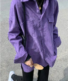 deanwangkt Corduroy Purple Top Button Up Women Shirts Long Sleeve Turn Down Collar Oversized Loose Outerwear Spring Blouse