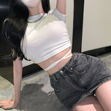 deanwangkt Summer Sexy Party Short Sleeve Tops Women Backless Hollow Out  Short Crop Tops Camisoles Streetwear White Lace Up Crop Tops