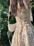 Casual Beach Straps Dress Women Slim  Summer Sweet Elegant Y2k Mini Dress Fairy Sleeveless Floral One Piece Dress Korean