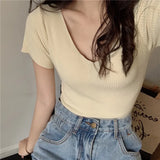 deanwangkt Summer Women Knitted T-Shirts Short Sleeve Shirts Pullover Tops Female Elastic Slim Casual Knit Tee Crop Tops Women's T-Shirts