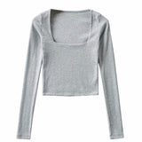 deanwangkt Women Cotton Ribbed Square Neck Crop Top With Long Sleeve