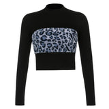 deanwangkt Patchwork Leopard Furry Long Sleeve T-shirt Autumn Casual Korean Basic Crop Top T Shirt Women 90s Blue Black Tees Y2K aesthetic