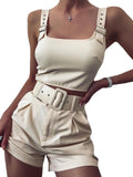 deanwangkt Women Fashion Summer Two Piece Set Sleeveless Eyelet Buckled Sling Crop Tank Top and Shorts Set Y2K 2Pcs Set Streetwear