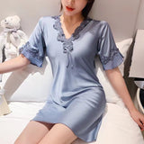 Female Nightgown Elegant Palace Style Princess Long Nightgown Sleepwear Summer Short Sleeve Sleepshirt Satin Silk Home Dress