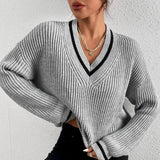 deanwangkt Casual Loose Knitted Sweater for Women Autumn Stripe V-Neck Sweater Winter Solid Soft Office Lady Pullover Fashion Jumper