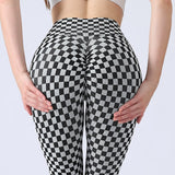 DEANWANGKT Yoga Pants Leggings Peach Hip Tight Lift Elastic Checkerboard Yoga Clothes Female High Waist GYM Running Sports Fitness XJ0210