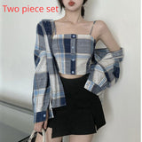 deanwangkt Spring Simplicity Plaid Turn-down Collar Long Sleeve Blouse Women Clothes Casual Buttons Slim Sling T-Shirt Two-piece Dress Tops